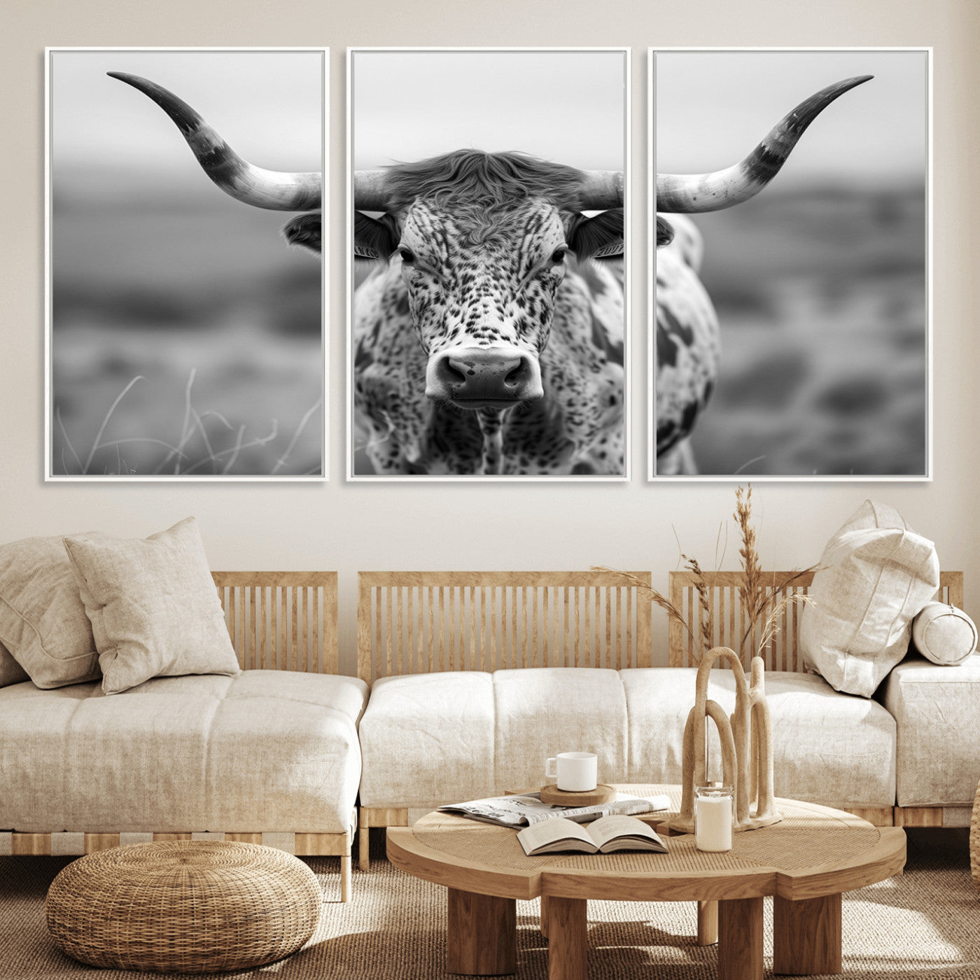 MGV-FC-60X30-3P - Texas Cow Longhorn Wall Art Canvas Print for Farm House Wall Decor, Farmhouse Wall Art Print