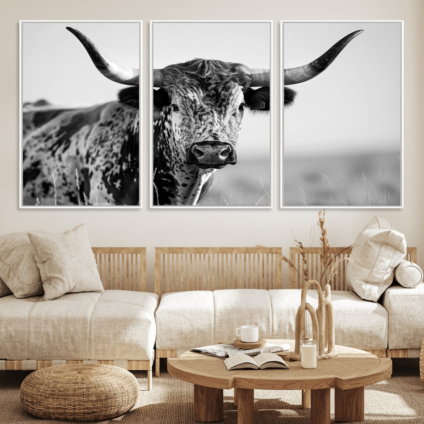 MGV-FC-60X30-3P - Texas Highland Cow Longhorn Canvas Print - Rustic Farmhouse Wall Art - Large Texas Longhorn