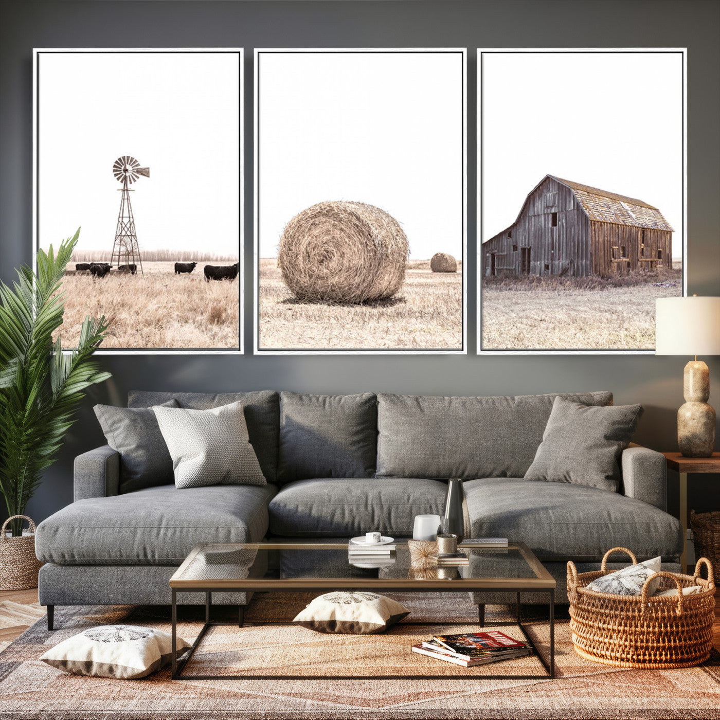 30918-MGV-CV-60X30-3P - Rustic Farmhouse Wall Art Set of 3 – Country Barn and Wheat Field | Farm Prints for Country Home and