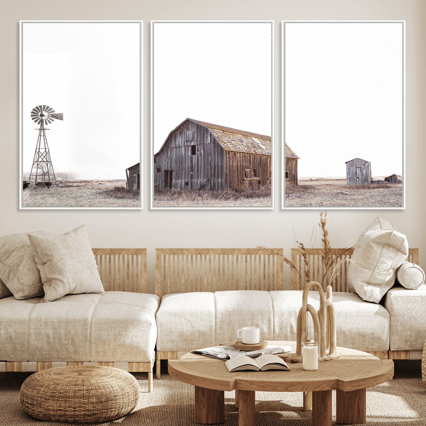 64560-MGV-FC-60X30-3P_White-Set of 3 Rustic Farmhouse Wall Art Prints – Country Barn, Wheat Field, and Farm Landscape for Cozy