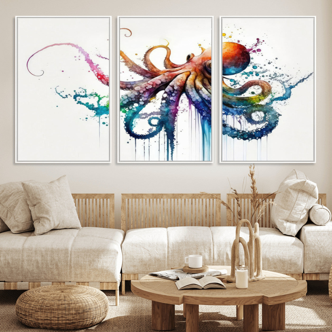 MGV-FC-60X30-3P - Watercolor Vibrant Octopus Wall Art Canvas Print | Abstract Sea Life Art | Colorful Marine Creature