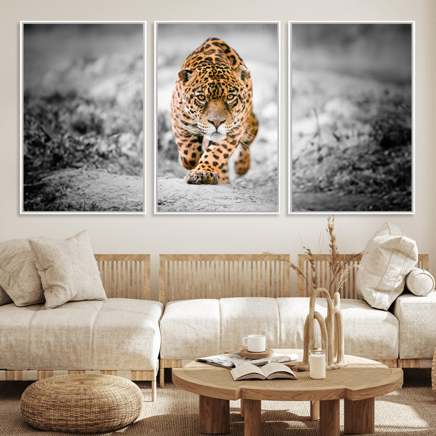 MGV-FC-60X30-3P - Jaguar Wall Art Canvas Print - Majestic Big Cat in Focused Pursuit - Ready to Hang