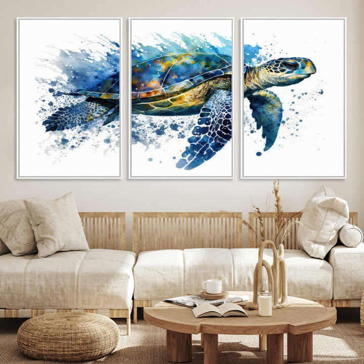 A living room features an eco-friendly inks sea turtle art print from [Keyword] Canvas Wall Art.