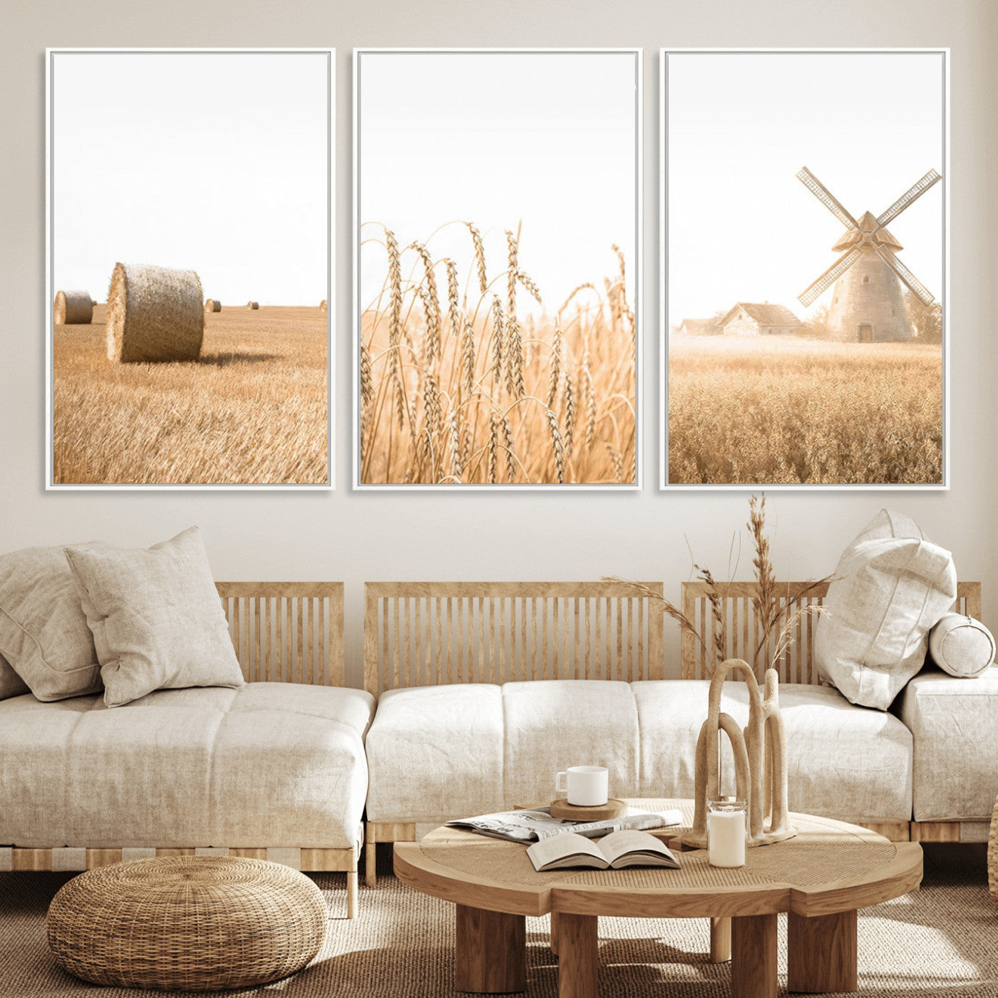 MGV-FC-60X30-3P - Vintage Farmhouse Triptych Wall Art – Giclée Canvas Featuring Wheat Fields, Hay Bales, and a