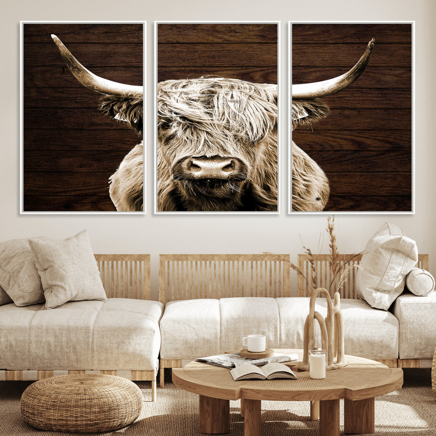 MGV-FC-60X30-3P - Highland Cow Wall Art Canvas Print, Rustic Farmhouse Decor, Majestic Scottish Highland Bull Portrait