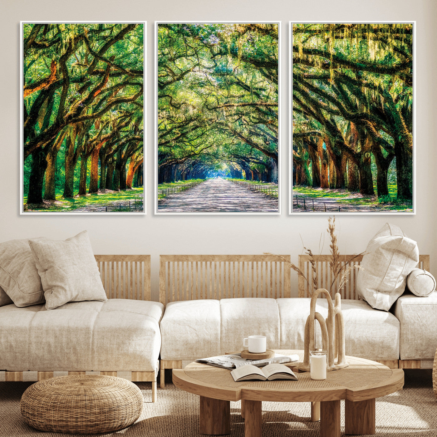 MGV-FC-60X30-3P - Serene Tree Tunnel Wall Art Canvas Print – Pathway Under Canopy of Lush Green Trees, Nature-Inspired