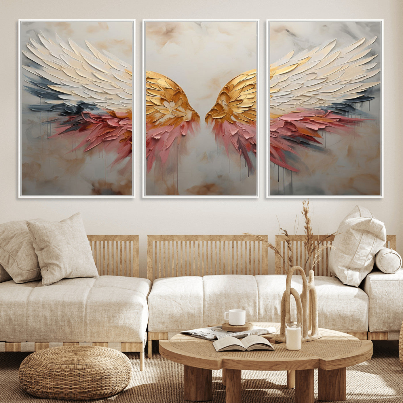MGV-FC-60X30-3P - Golden Angel Wings Wall Art Canvas Print – Stunning Abstract Winged Art for Elegant Home Decor –