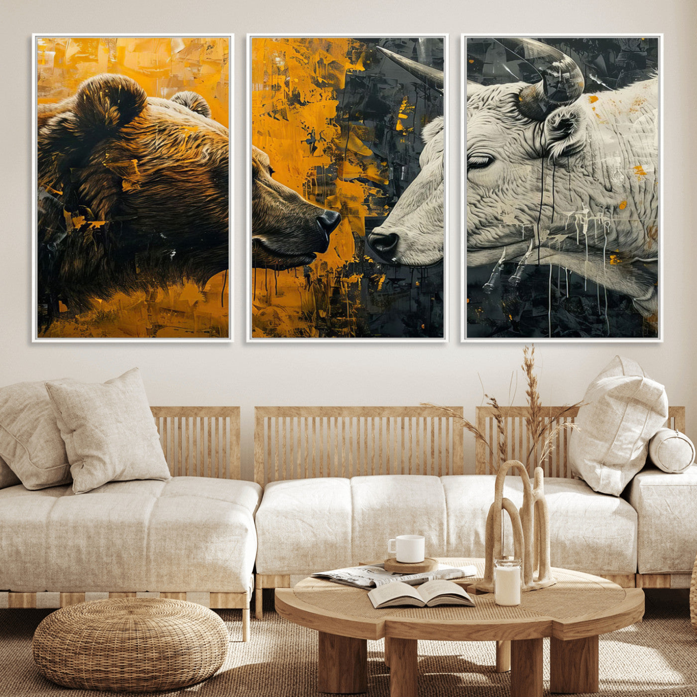 MGV-FC-60X30-3P - Bear and Bull Wall Art Canvas Print – Abstract Animal Portrait Painting for Modern Home Decor –