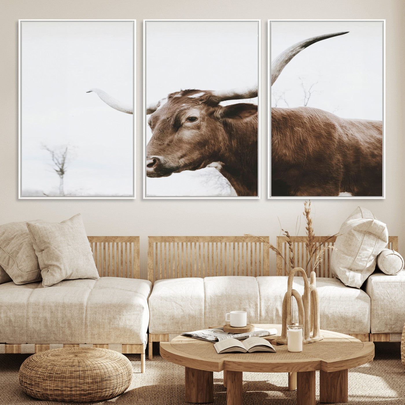 MGV-FC-60X30-3P - Rustic Bull Wall Art Canvas Print – Modern Longhorn Farmhouse Animal Decor – Abstract Farm Cow
