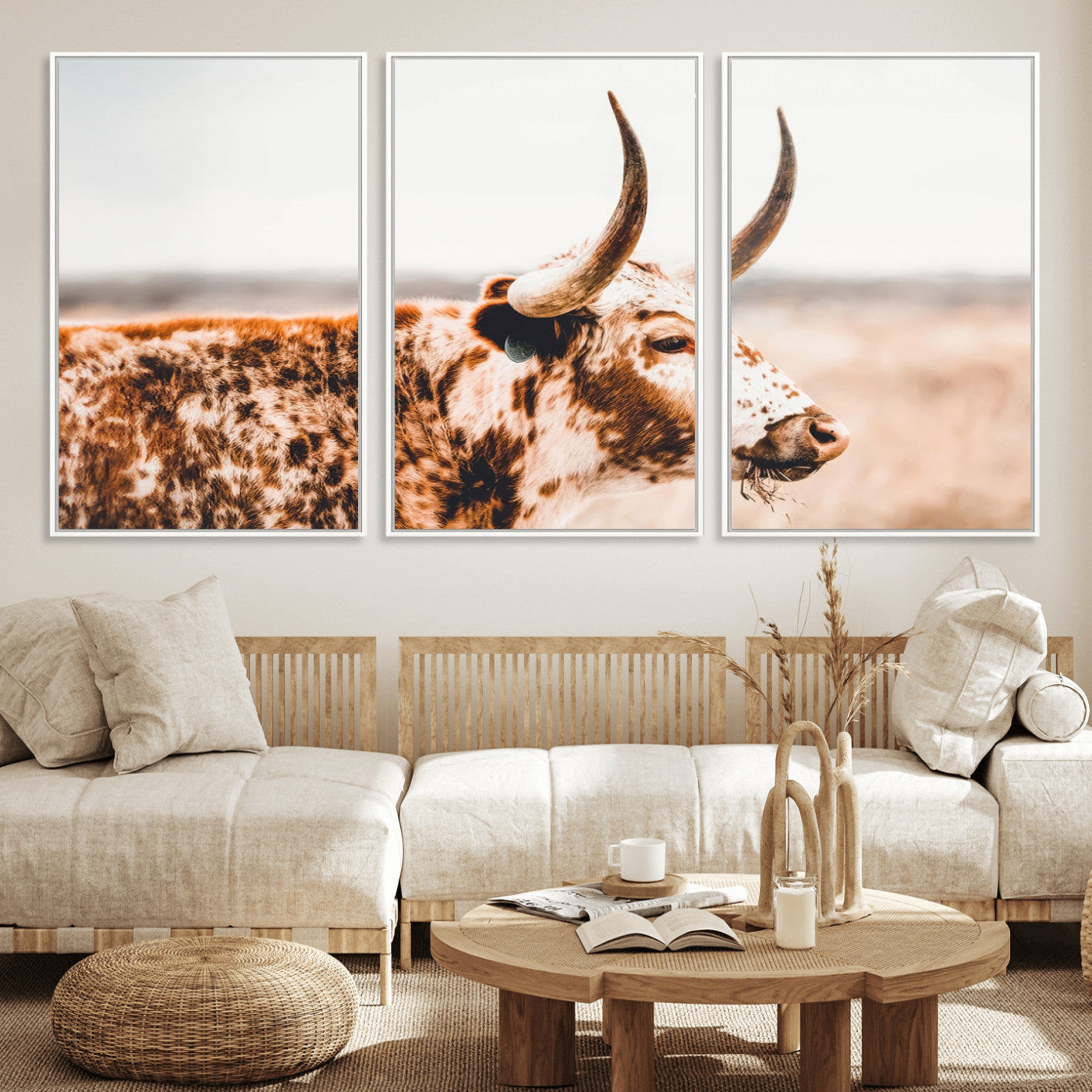 -Speckled Bull Wall Art Canvas Print – Rustic Cow Longhorn Farmhouse Animal Decor – Western Longhorn