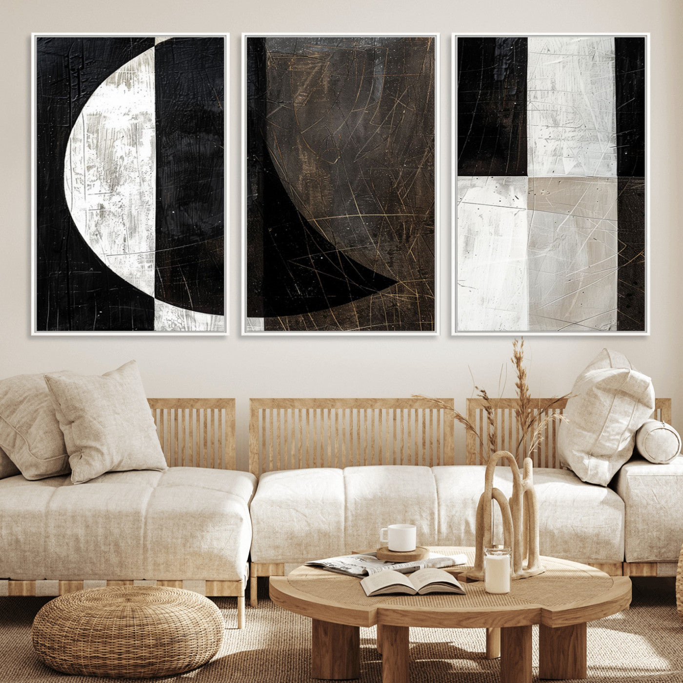 47880-MGV-FC-60X30-3P - Abstract Modern Wabi Sabi Wall Art Canvas Print Set – Minimalist Mid-Century Contemporary Artwork for Home, Office