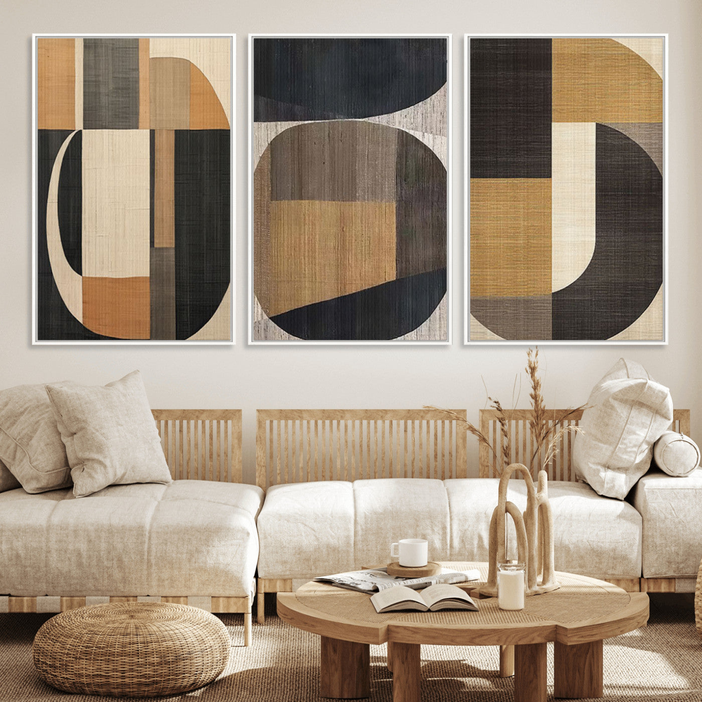 MGV-FC-60X30-3P - Modern Brown Wabi Sabi Abstract Wall Art Canvas Print Set, Minimalist Wall Art