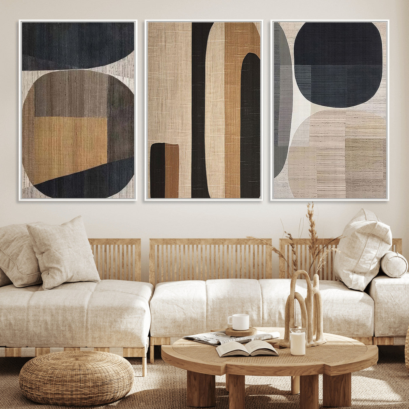 MGV-FC-60X30-3P - Abstract Minimalist Canvas Wall Art - Neutral Geometric Modern Boho Decor, Minimalist Brown Wabi