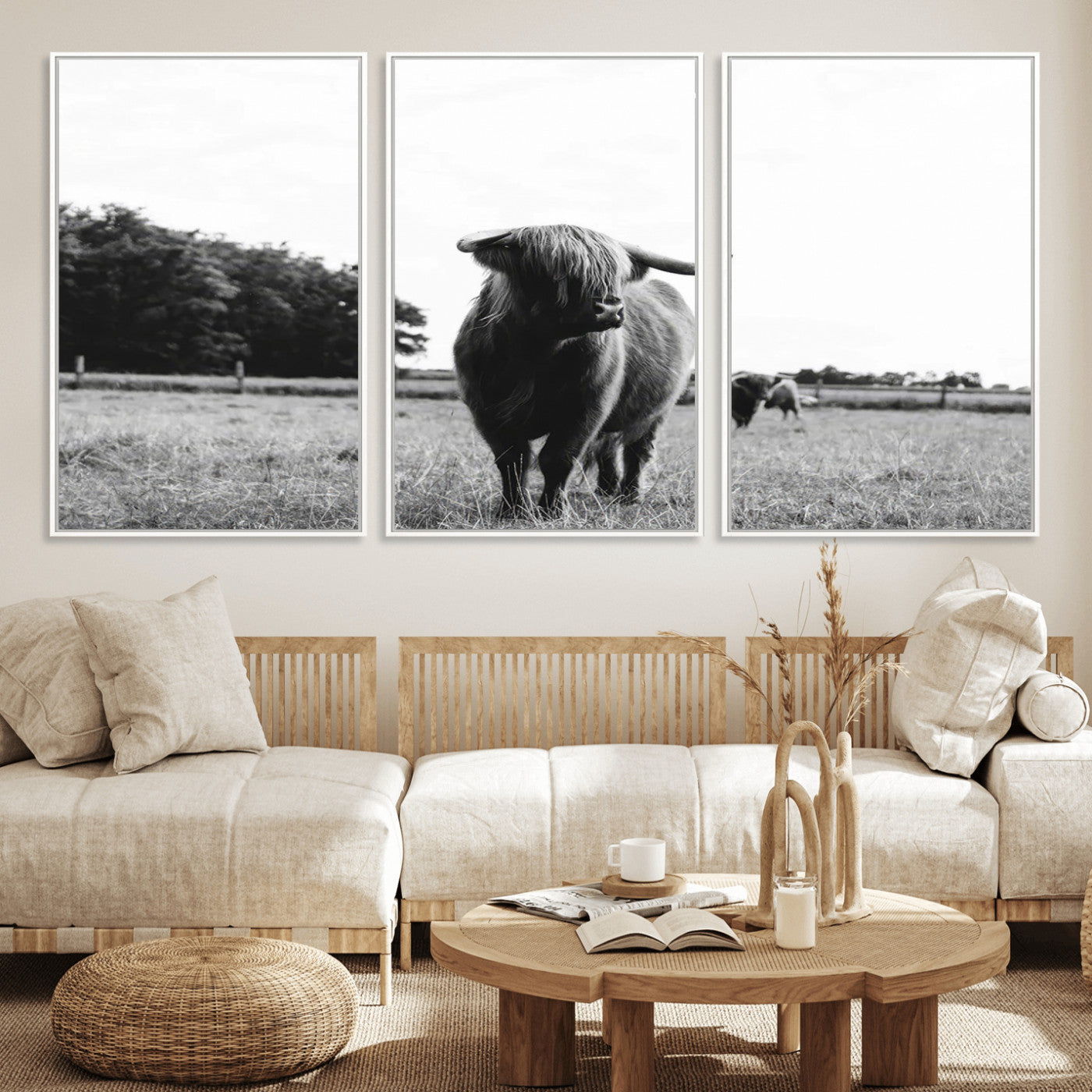 MGV-FC-60X30-3P - Black and White Highland Cow Wall Art Canvas Print | Rustic Western Decor for Living Room or Office,