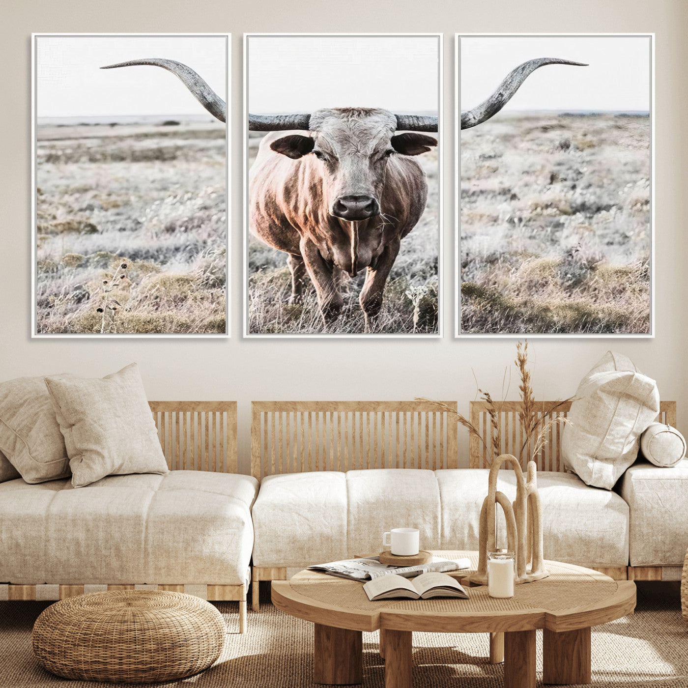 -Rustic Texas Longhorn Wall Art Canvas Print | Western Farmhouse Decor for Living Room or Office,