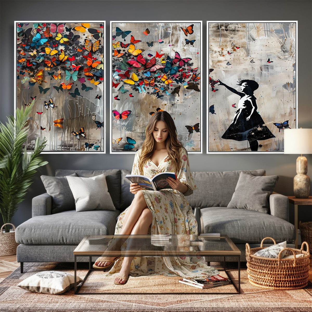Banksy Wall Art, Banksy Girl and Butterfly Explosion Canvas Print | Extra Large 3 Piece Best Seller Wall Art