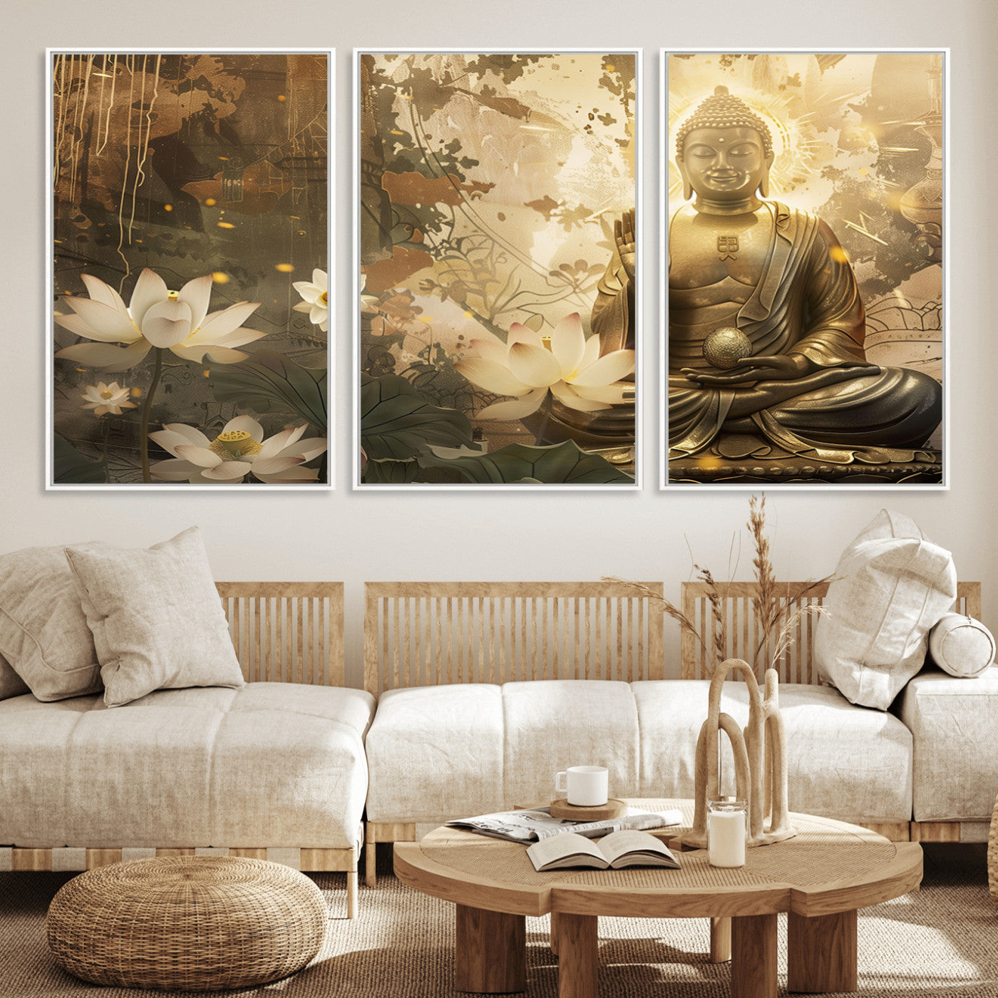 MGV-FC-60X30-3P - Zen Buddha Wall Art Canvas Print | Peaceful Meditation Decor with Lotus Flowers | Spiritual Serenity