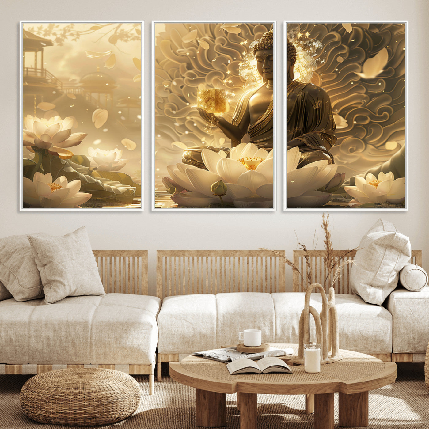 MGV-FC-60X30-3P - Golden Buddha Wall Art | Yoga Room Decor and Meditation Room Wall Art | Framed and Ready to Hang