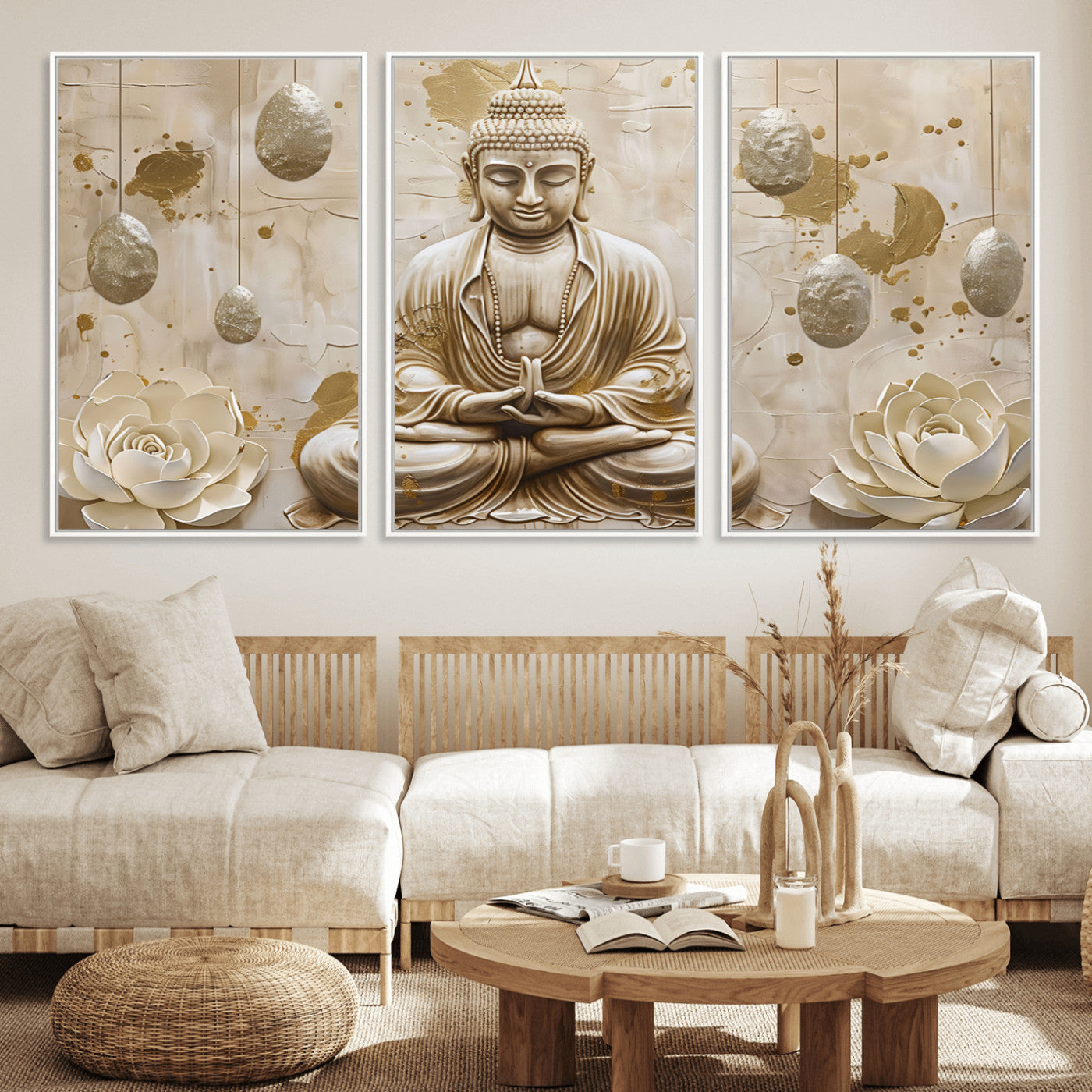 MGV-FC-60X30-3P - Serene Buddha Wall Art | Yoga Room Decor and Meditation Wall Art Print | Framed and Ready to Hang