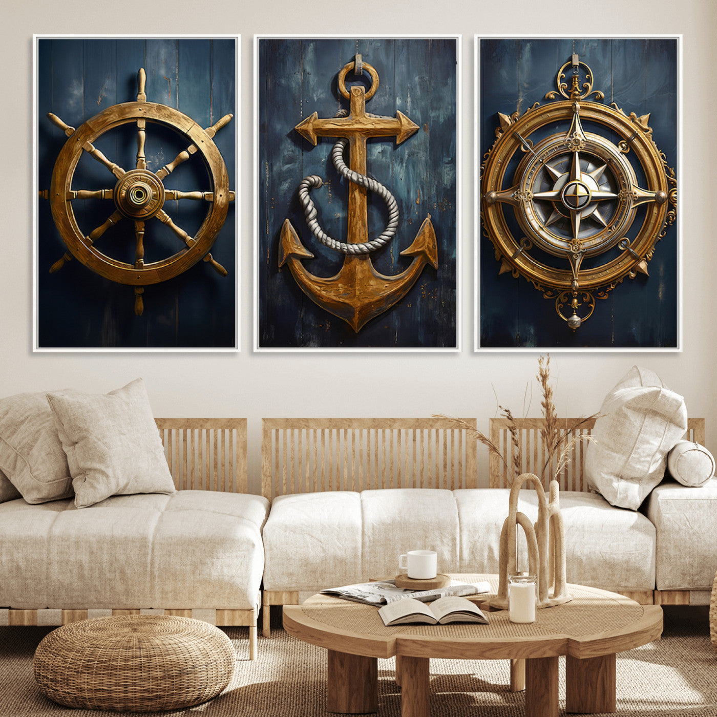 MGV-FC-60X30-3P - Boat Anchor Compass With Rope Wall Art Canvas Print | Beach House Wall Art