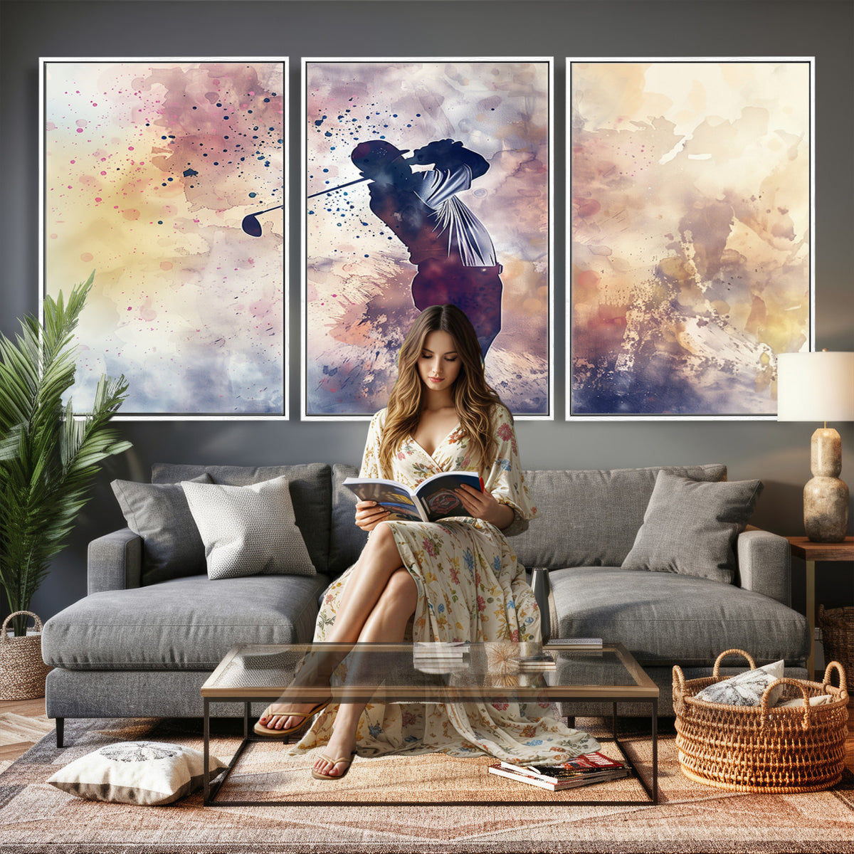 10848-MGV-CV-36X24 - Abstract Watercolor Golf Player Wall Art Canvas Print