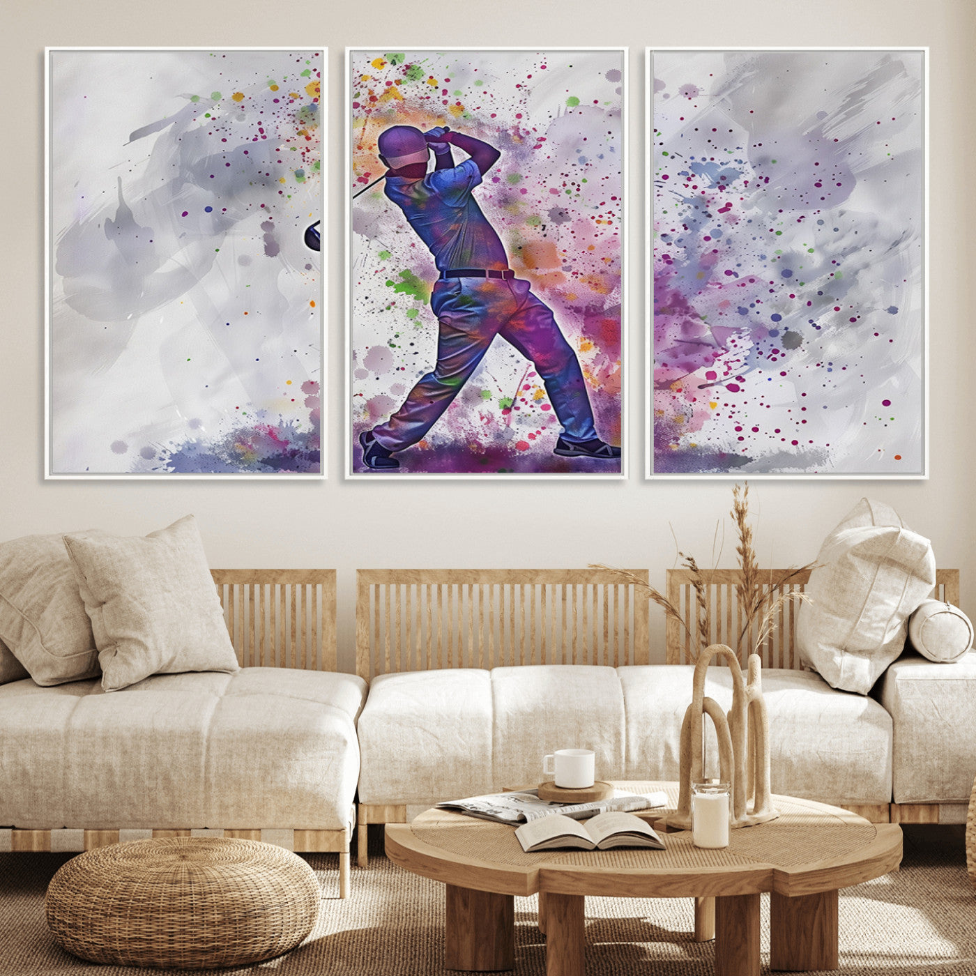 MGV-FC-60X30-3P - Watercolor Golf Swing Wall Art Canvas Print | Vibrant Abstract Golf Player Silhouette |
