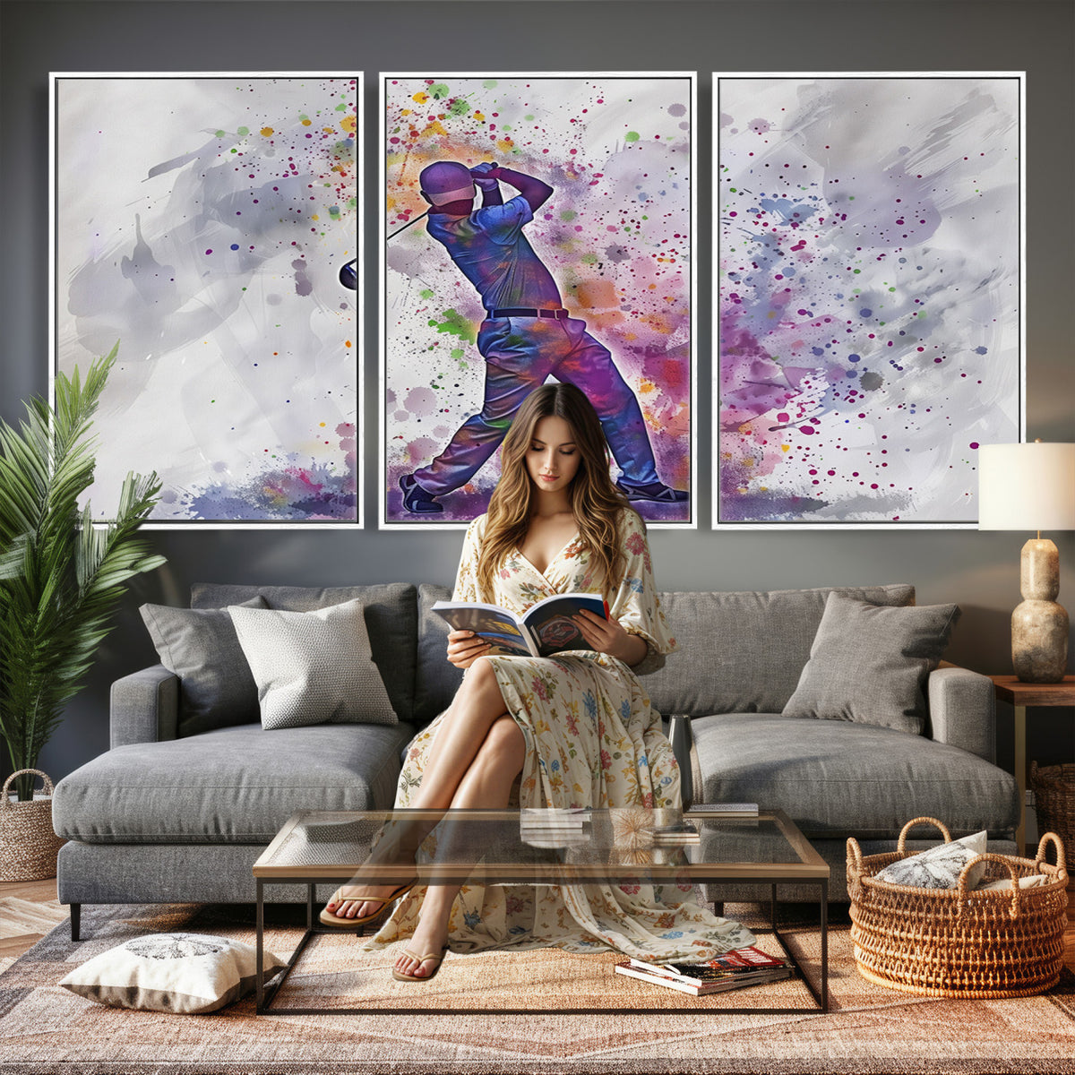 60116-MGV-CV-36X24 - Watercolor Golf Swing Wall Art Canvas Print, Vibrant, Framed and Ready to Hang