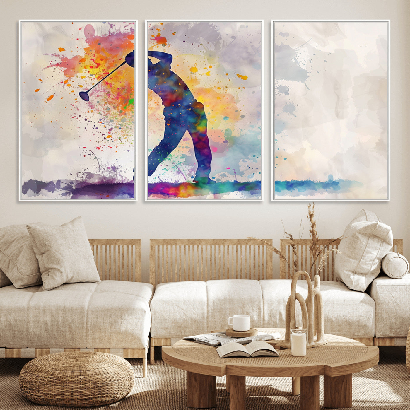 MGV-FC-60X30-3P - Watercolor Golf Swing Wall Art Canvas Print | Vibrant Abstract Golf Player Silhouette |