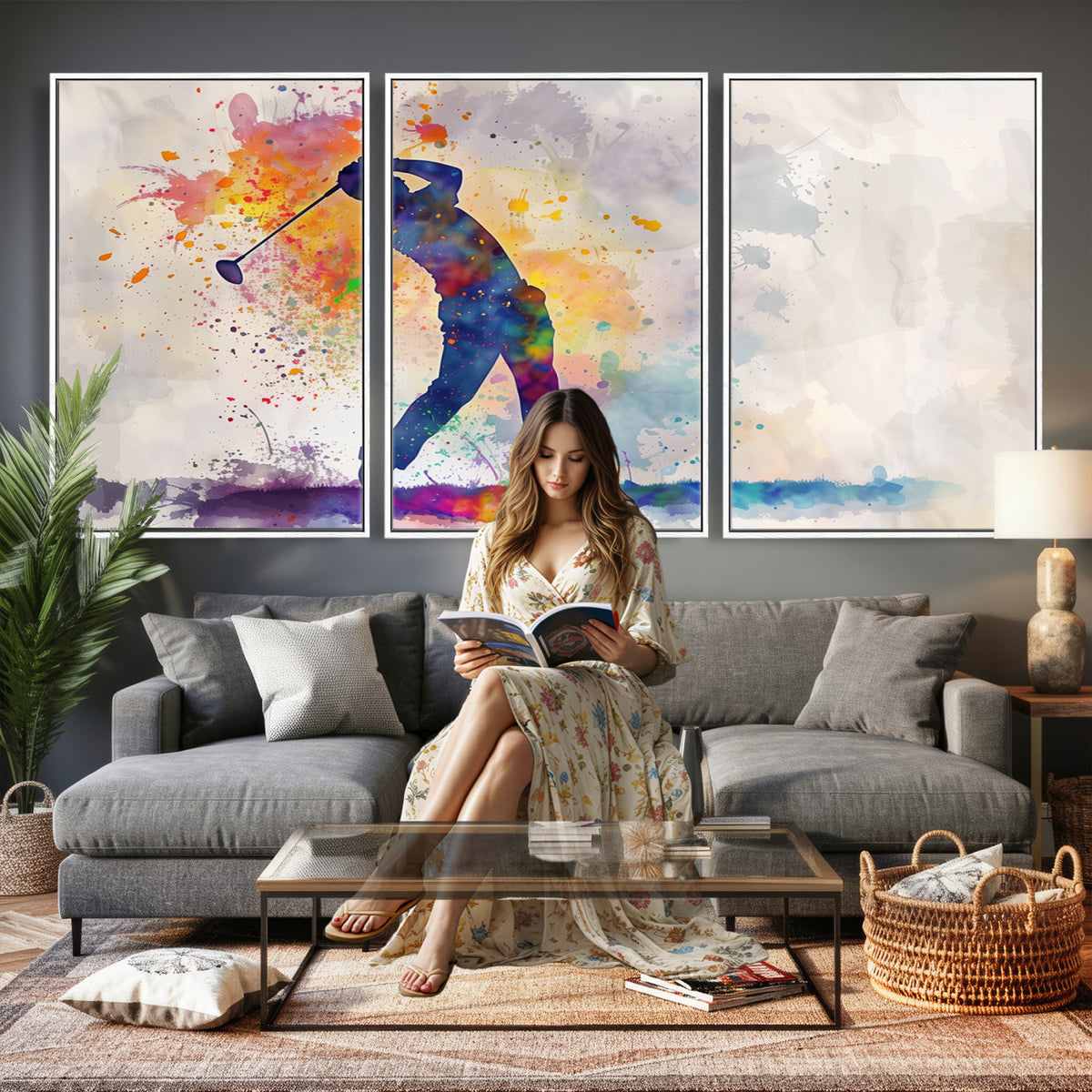 89625-MGV-CV-36X24 - Vibrant Watercolor Golf Swing Wall Art Canvas Print | Extra Large 3 Piece Canvas Wall Art