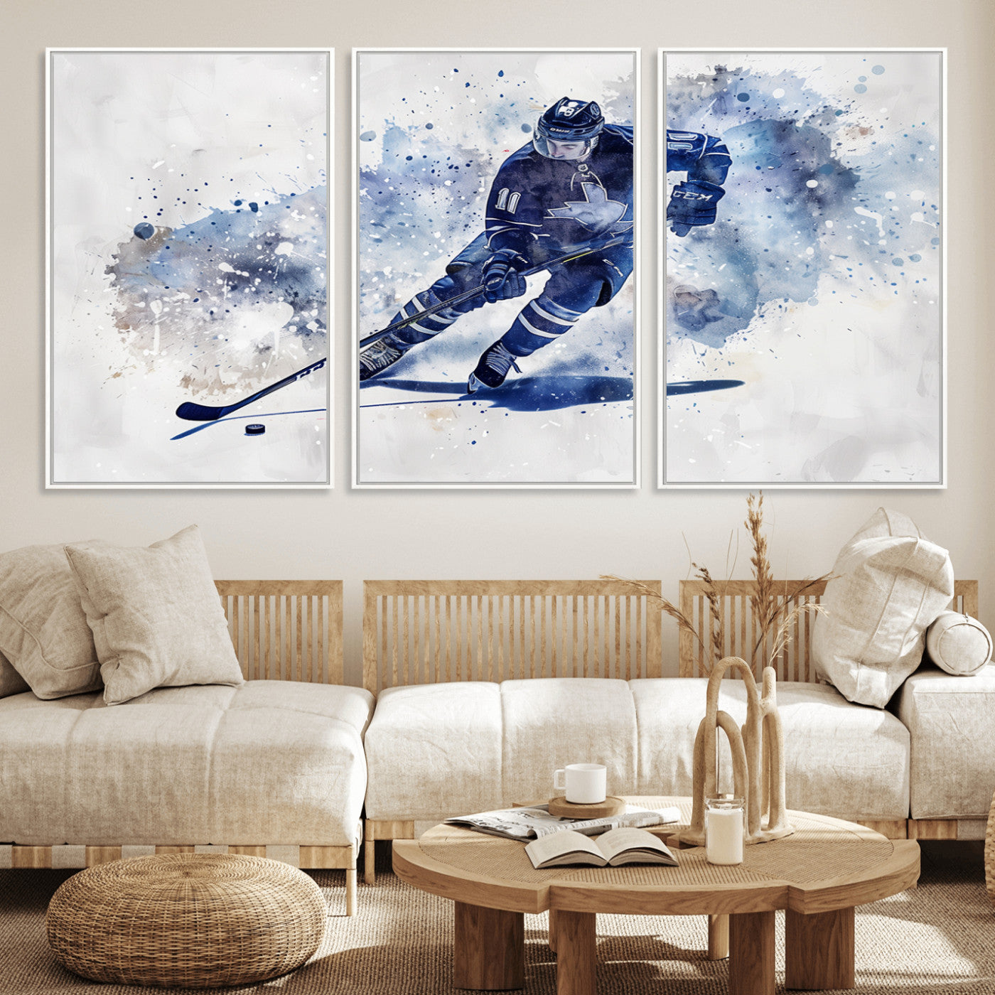 MGV-FC-60X30-3P - Hockey Player Wall Art Canvas Print - Sports-Inspired Watercolor Decor - Ready to Hang