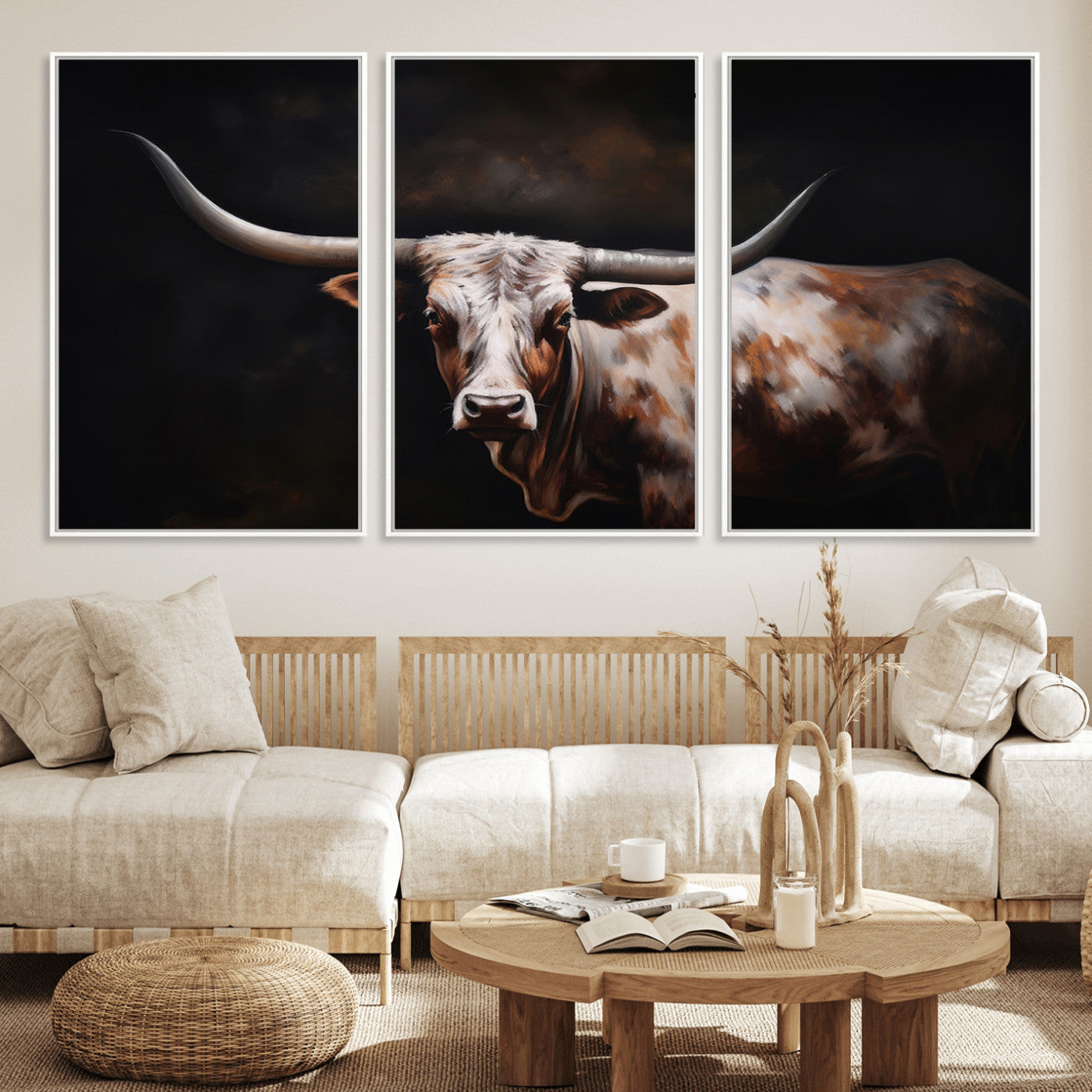 82543-MGV-FC-60X30-3P_White-Texas Longhorn Wall Art Canvas Print | Western Ranch Decor | Bold Rustic Cattle Artwork | Ready to