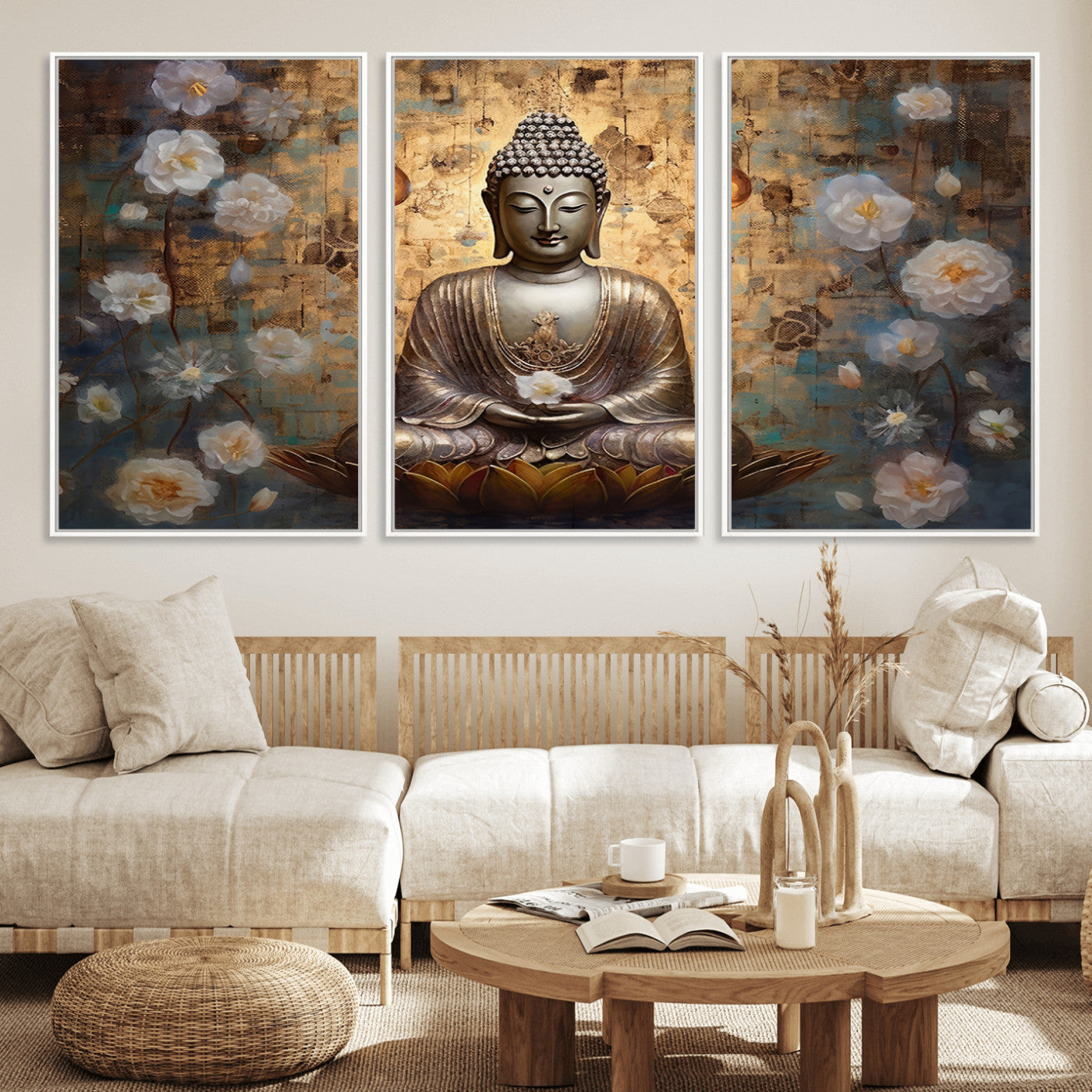 MGV-FC-60X30-3P - Golden Buddha Wall Art Canvas Print | Zen Meditation Floral Decor | Tranquil Spiritual Home Art |