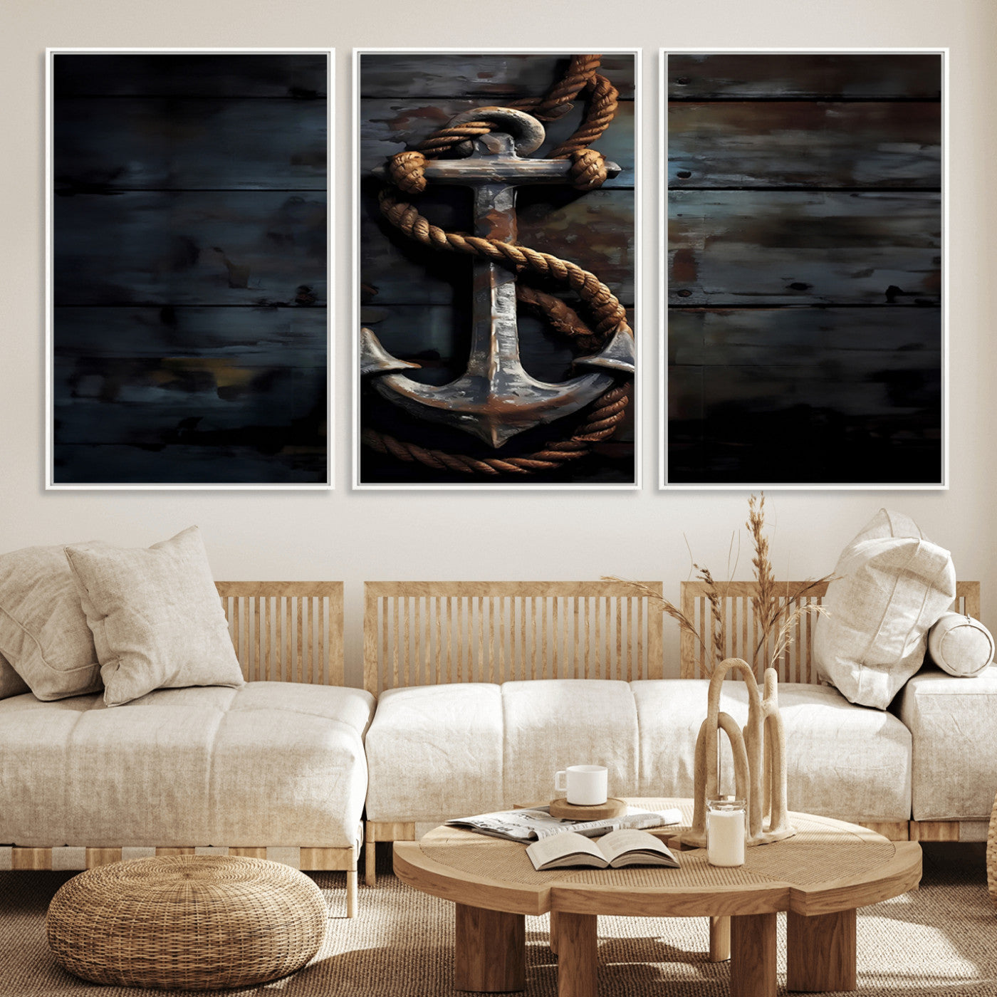 MGV-FC-60X30-3P - 3 Panel Grunge Abstract Anchor Wall Art Canvas Print Set