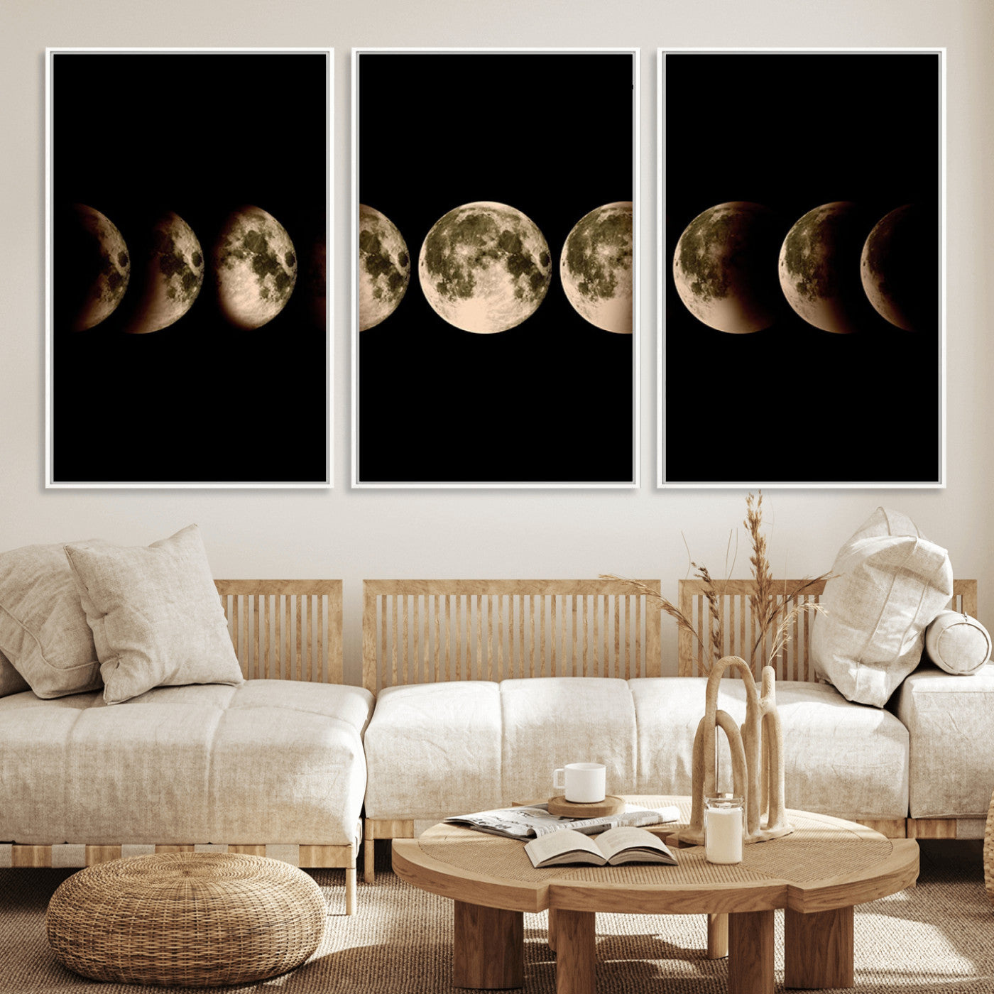 MGV-FC-60X30-3P - Phases of the Moon Wall Art | Canvas Print for Modern Wall Decor | Ready to Hang and Framed