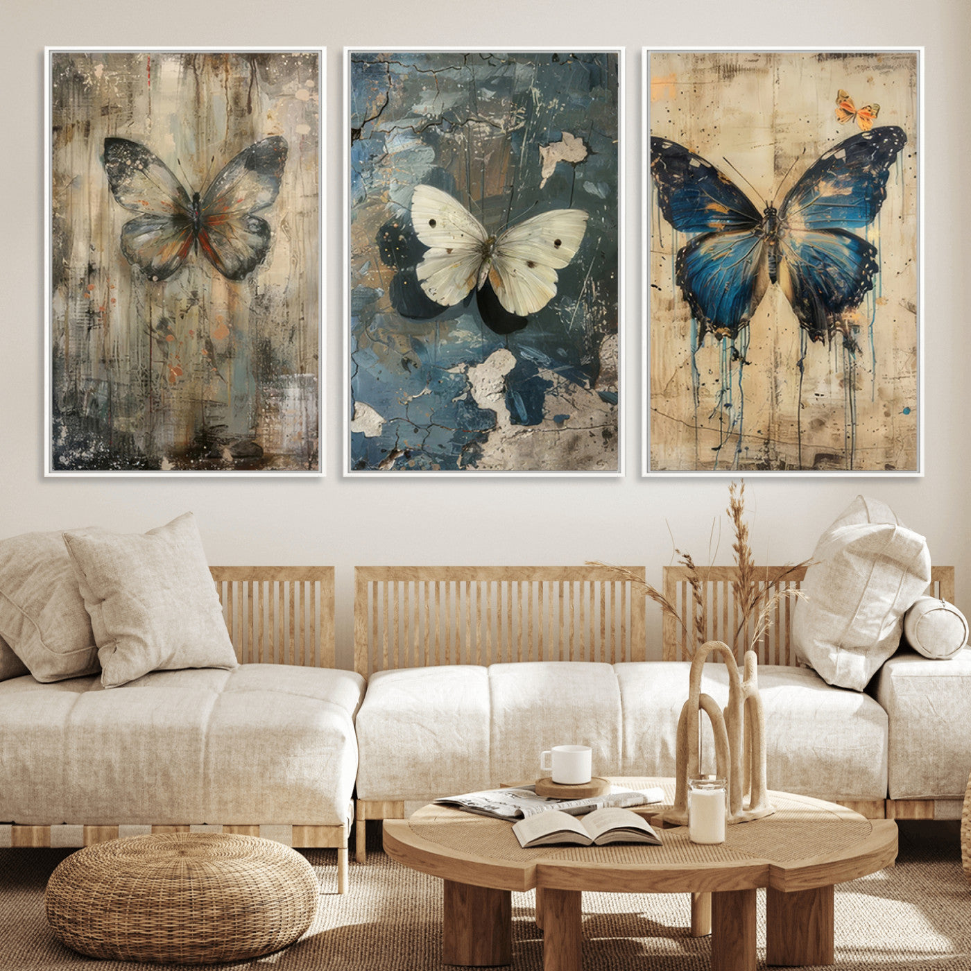 MGV-FC-60X30-3P - Butterfly Wall Art Trio | Vintage Butterfly Canvas Print | Ready to Hang Framed Artwork for