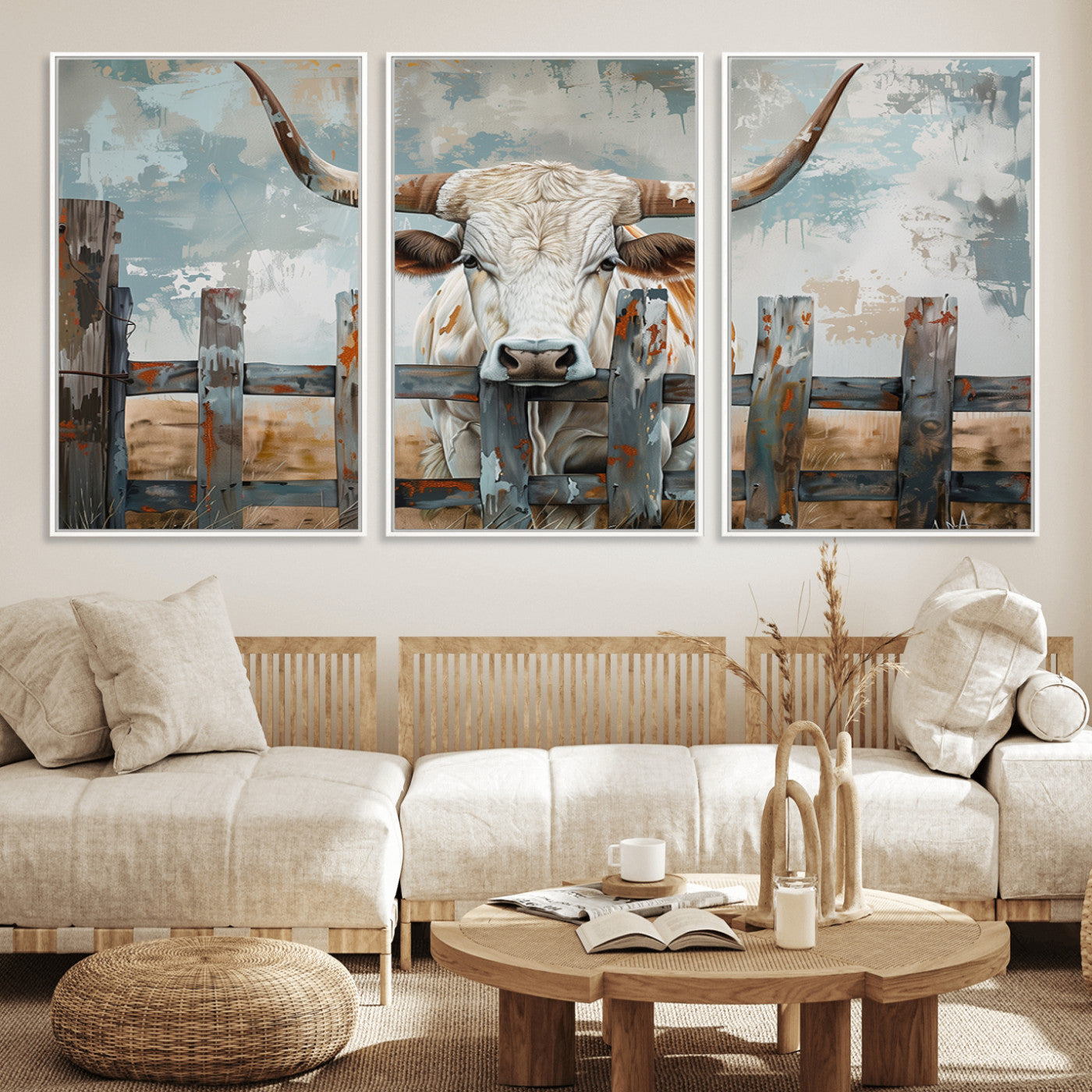 MGV-FC-60X30-3P - Vintage Cow Wall Art Canvas Print for Farmhouse Wall Decor Theme, Cattle Wall Art Print