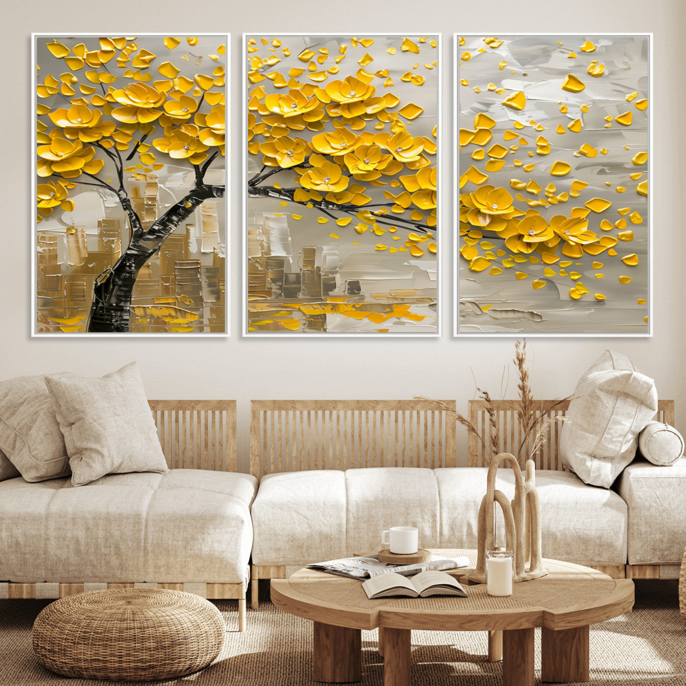 MGV-FC-60X30-3P - Yellow Blossom Tree Canvas Wall Art - Floral Abstract Modern Contemporary Artwork for Living Room or