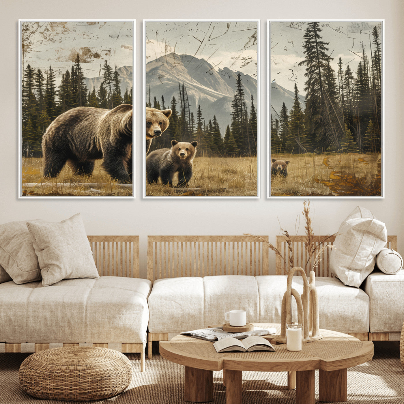 MGV-FC-60X30-3P - Rustic Grizzly 399 Bear Family Wall Art Canvas Print