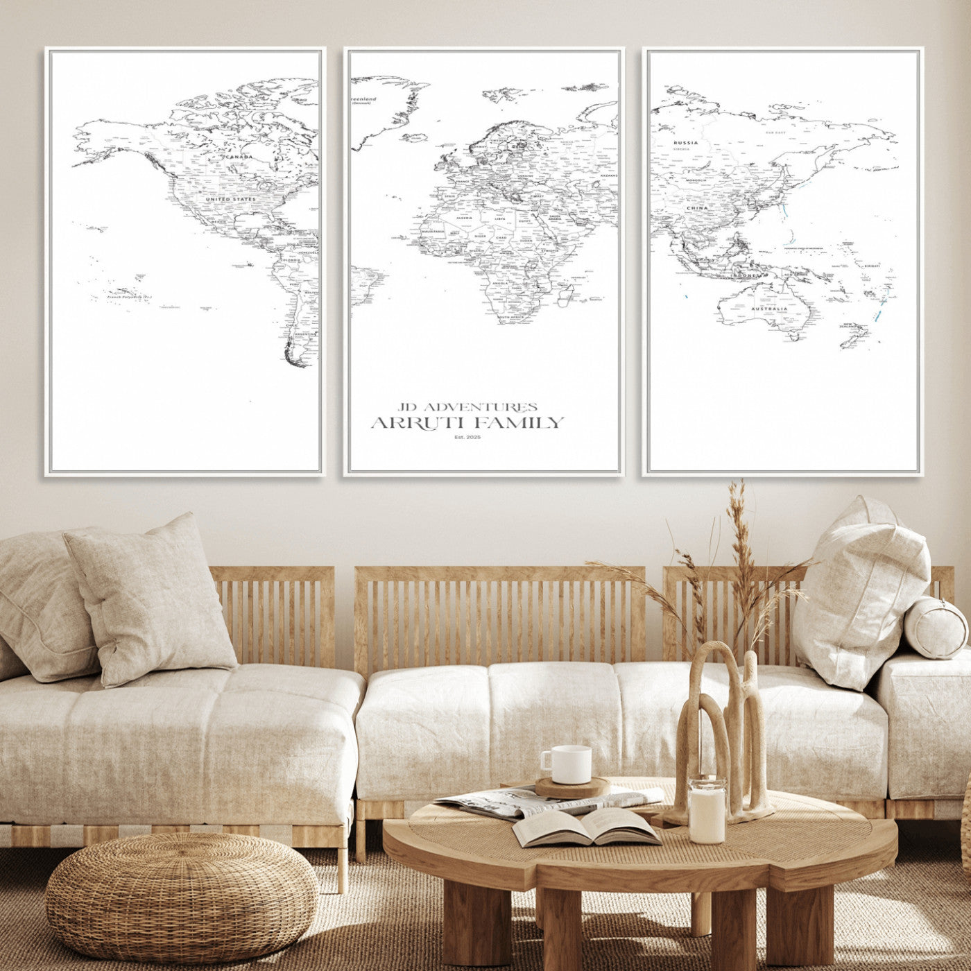 MGV-FC-60X30-3P - Custom World Map Wall Art – Personalized Framed Canvas Print with Push Pins for Travel Tracking,