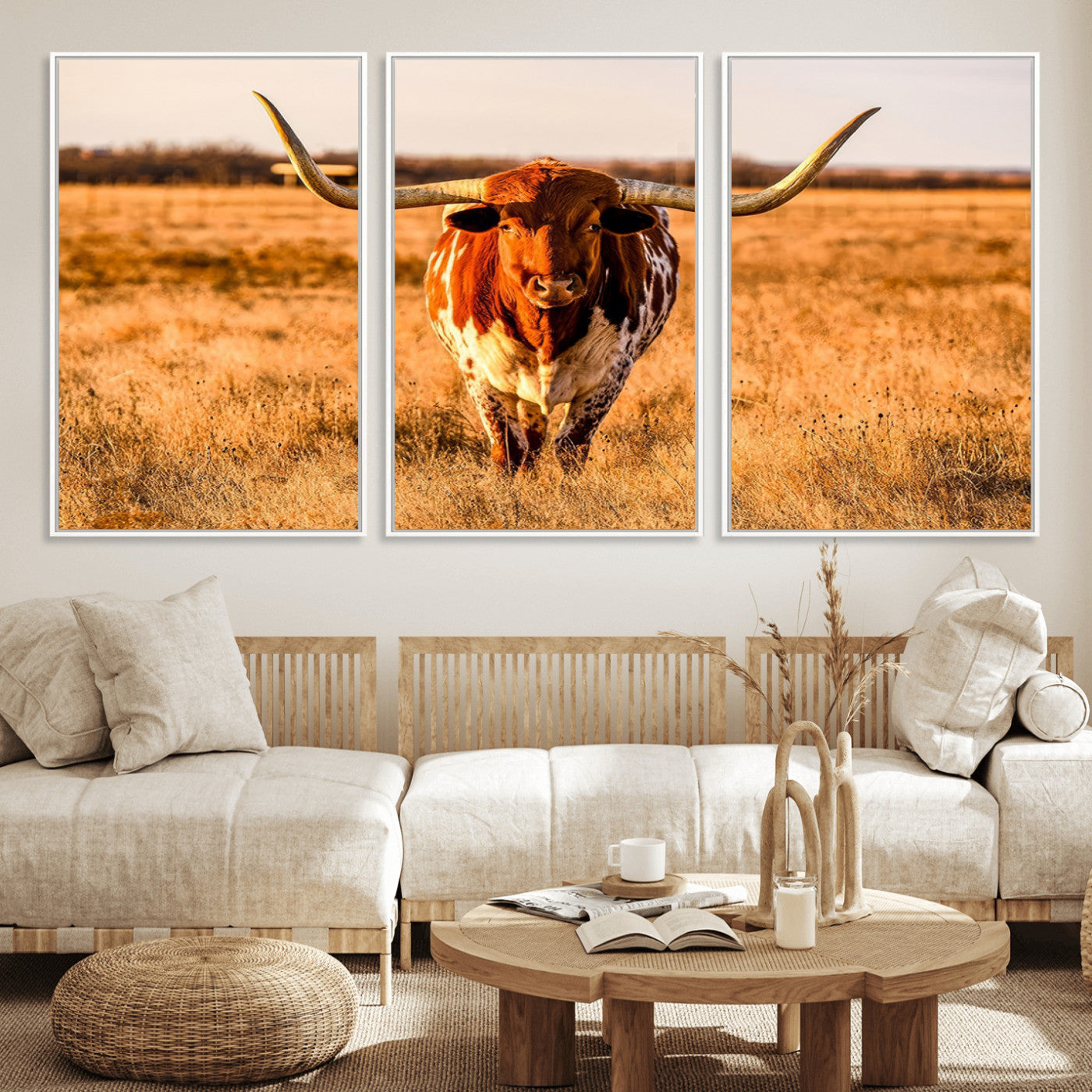 MGV-FC-60X30-3P - Longhorn Cow Wall Art | Ready to Hang Framed Canvas Print for Farmhouse and Barn Decor