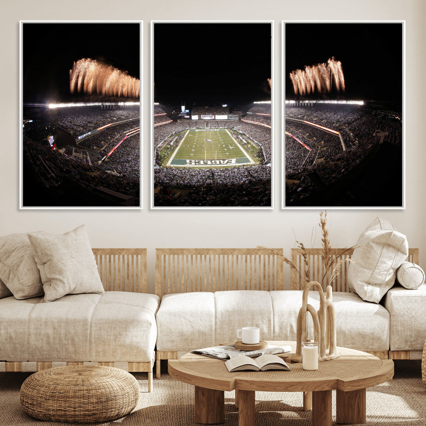 48893-MGV-FC-60X30-3P_White-Eagles Field Stadium Wall Art - Lincoln Financial Field Fireworks Game Triple Canvas Wall Art -