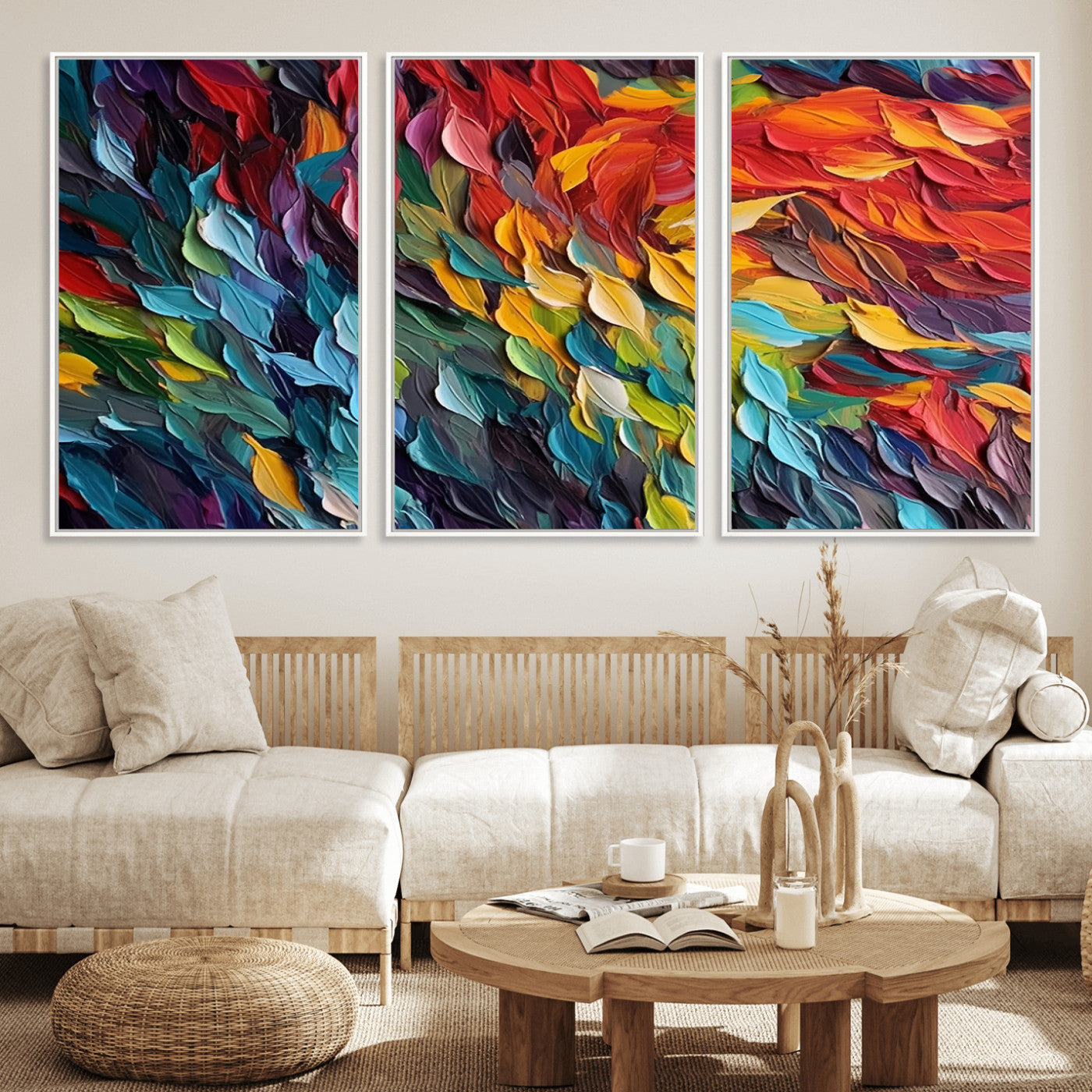 41557-MGV-FC-60X30-3P_White-Vibrant Abstract Leaf Wall Art Canvas Print | Bold Colorful Canvas for Living Room or Office | Ready