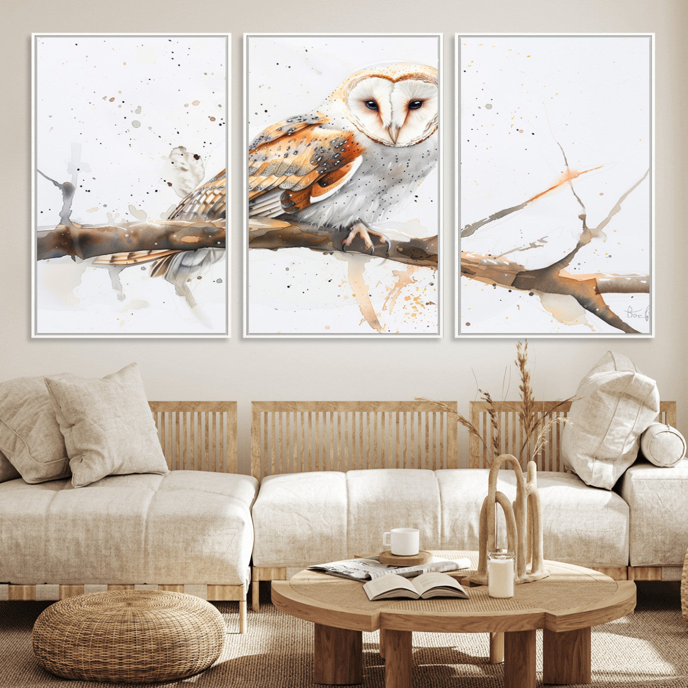 MGV-FC-60X30-3P - Barn Owl Wall Art on Branch | Stunning Canvas Print for Nature Lovers | Ready to Hang and Framed