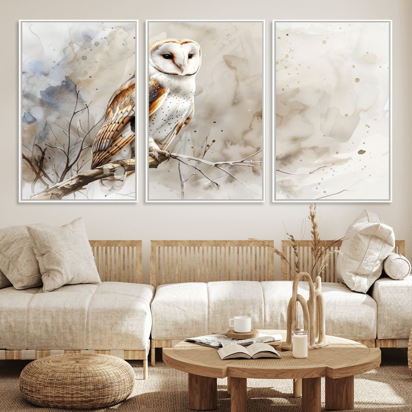 MGV-FC-60X30-3P - Barn Owl Wall Art | Watercolor Canvas Print | Perfect for Farmhouse Wall Decor | Ready to Hang