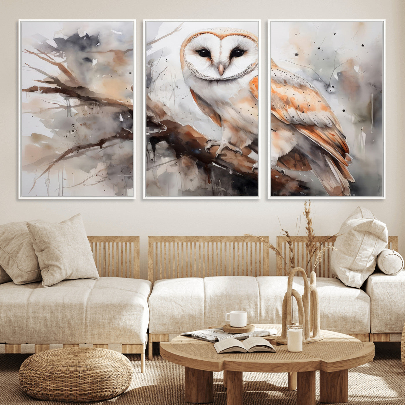 MGV-FC-60X30-3P - Barn Owl Wall Art | Watercolor Barn Owl Canvas Print | Perfect for Farmhouse Wall Decor | Ready to