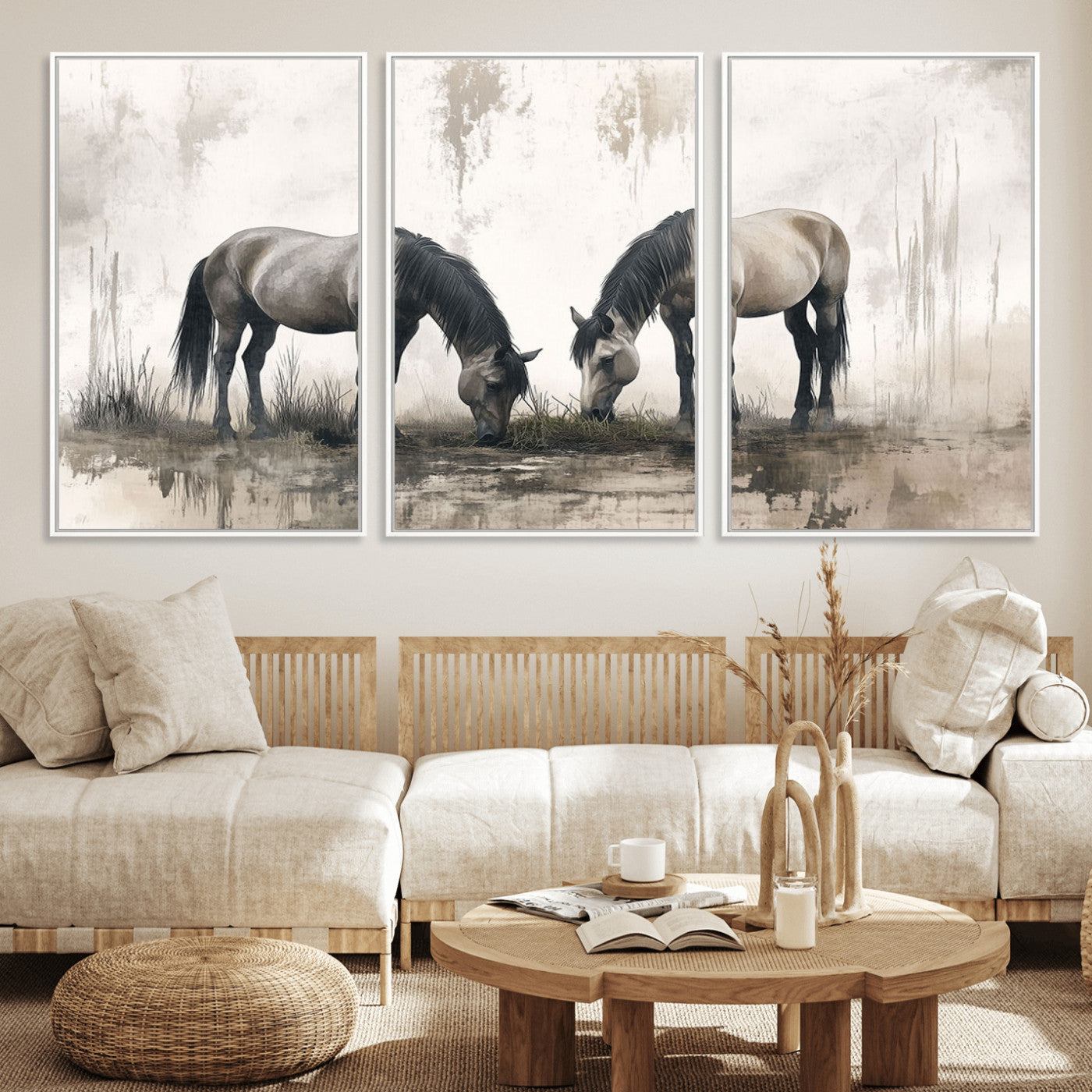 35494-MGV-CV-36X24-Chines Ink Style Vintage Horses Wall Art Canvas Print for Farmhouse Wall Decor