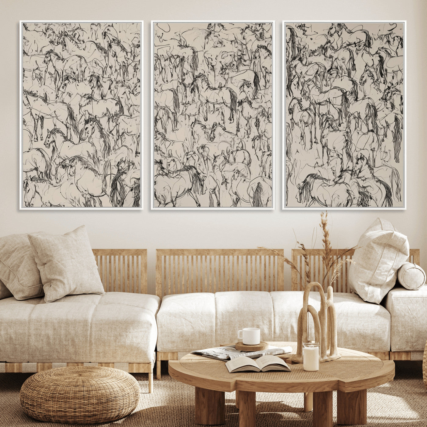 25718-MGV-FC-60X30-3P_White-Abstract Horse Sketch Wall Art | Ready to Hang and Framed | Farmhouse Wall Decor for Living Room or