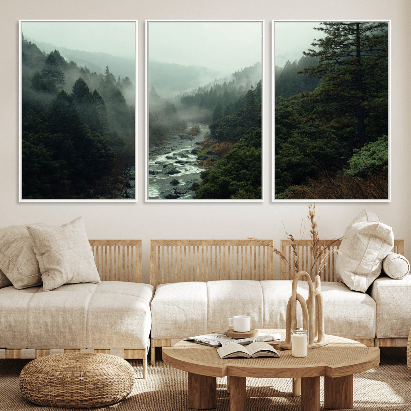 MGV-FC-60X30-3P - Misty Forest Wall Art | Ready to Hang and Framed | Tranquil Nature Landscape for Living Room or