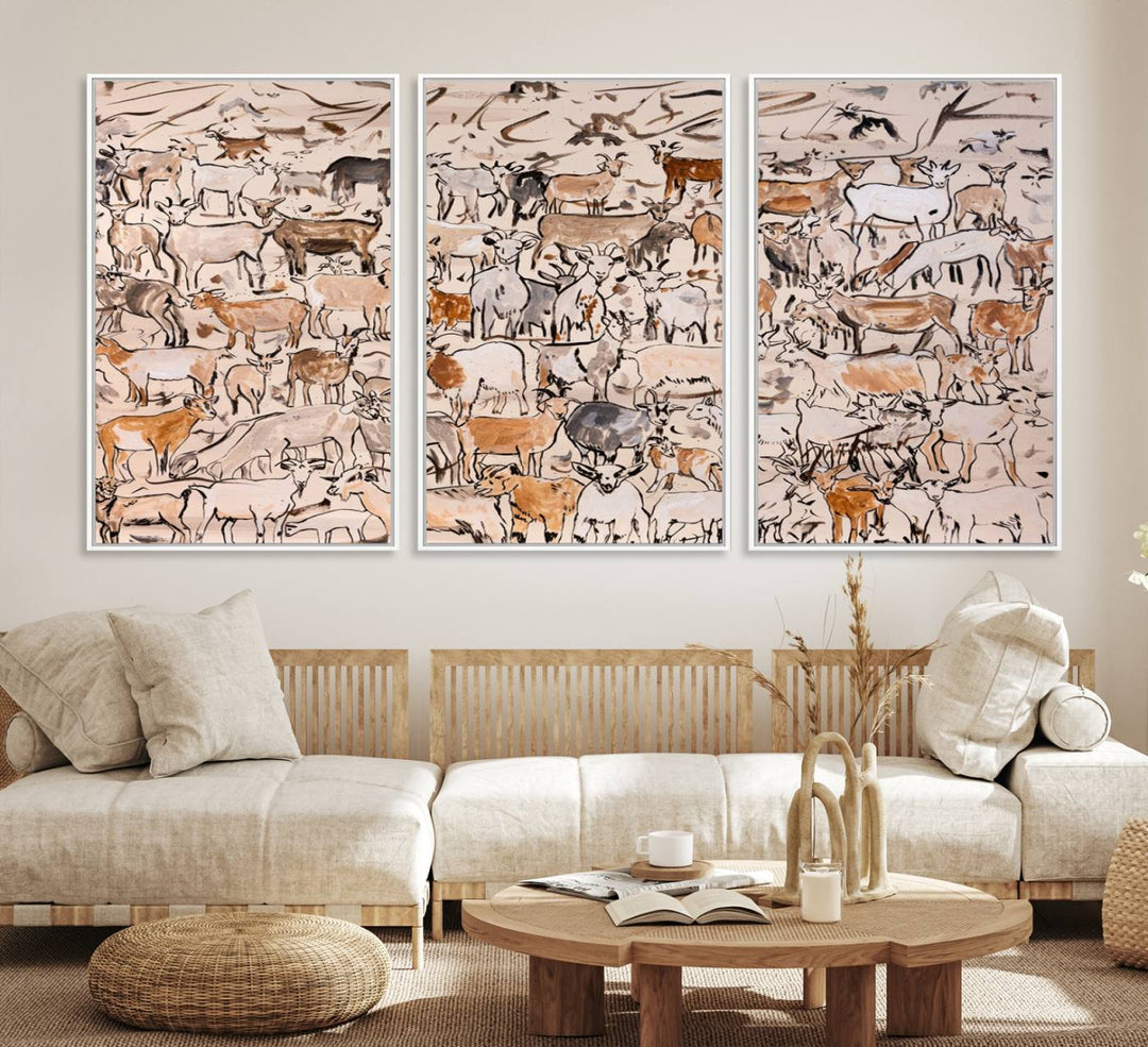 Framed Goat Herd Wall Art in minimal brush strokes on a beige backdrop, ideal for farmhouse or cabin decor.