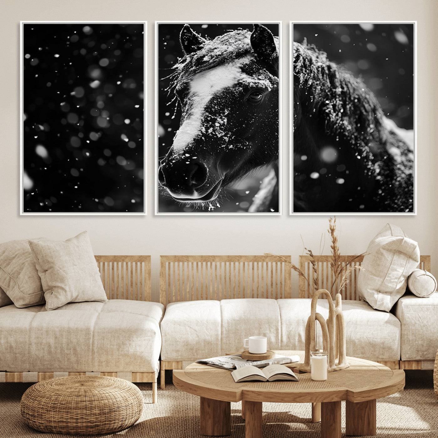 MGV-FC-60X30-3P - Winter Horse Wall Art | Black and White Horse Print | Ready to Hang and Framed | Farmhouse Wall Art
